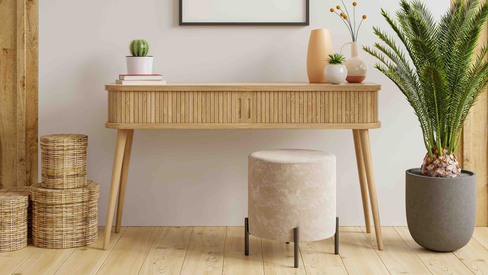 Wood-console-table-with-home-decor-in-a-hallway-earthy-tones