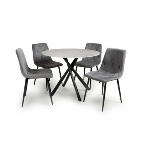 100cm-Grey-Industrial-Grey-Stone-Round-Dining-Set-Black-Crossover-Base-4-Seater