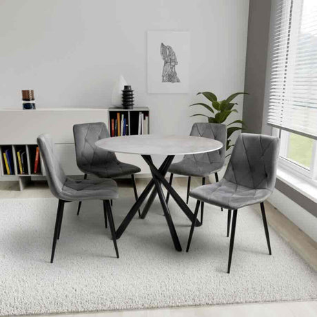 100cm-Grey-Industrial-Grey-Stone-Round-Dining-Set-Black-Crossover-Base-4-Seater