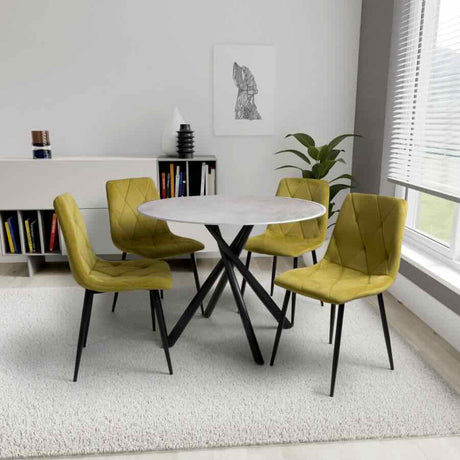 100cm-White-Industrial-White-Marble-Round-Dining-Set-Black-Crossover-Base-4-Seater