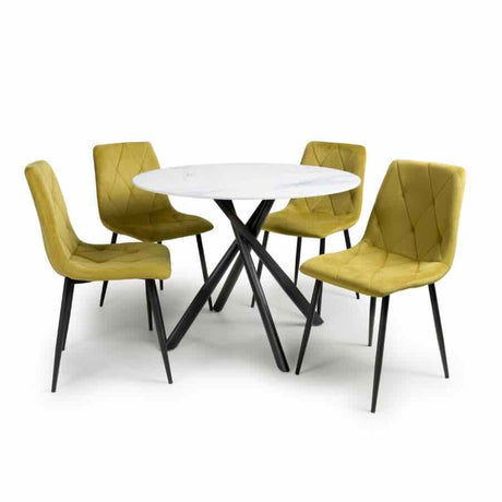 100cm-White-Industrial-White-Marble-Round-Dining-Set-Black-Crossover-Base-4-Seater