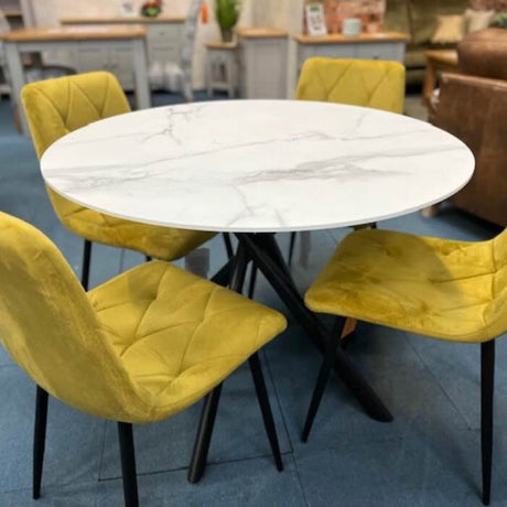 100cm-White-Industrial-White-Marble-Round-Dining-Set-Black-Crossover-Base-4-Seater