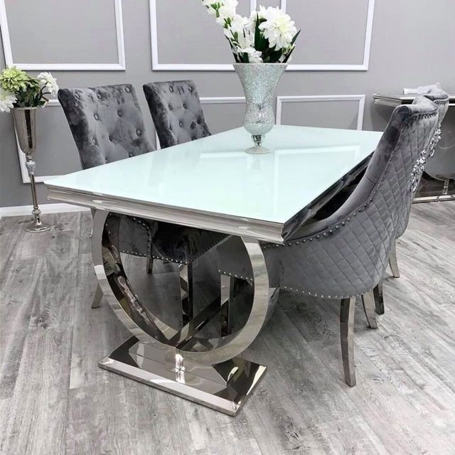 Drayton 8 Seater Rectangular Tempered Glass Dining Table 180cm With Stainless Steel Ring Base