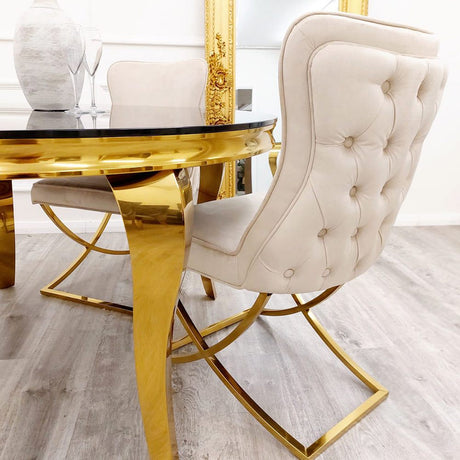 Classic-4-seater-black-glass-dining-table-round-tempered-glass-top-gold-legs-130cm