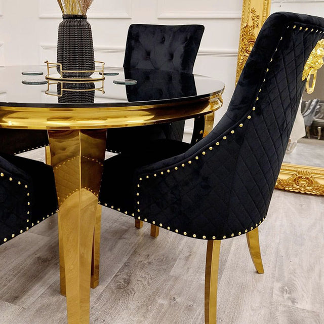 Classic-4-seater-black-glass-dining-table-round-tempered-glass-top-gold-legs-130cm