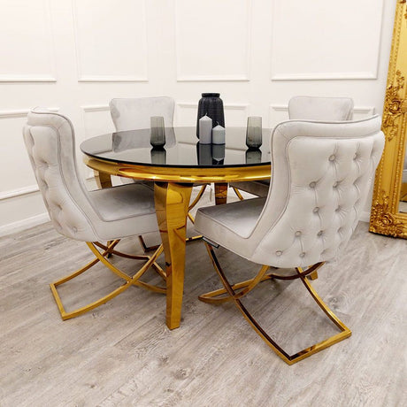 Classic-4-seater-black-glass-dining-table-round-tempered-glass-top-gold-legs-130cm