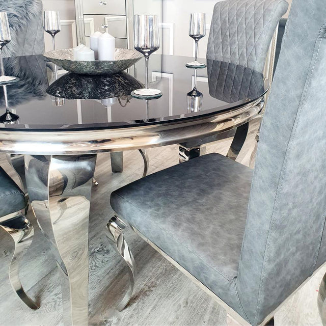 Classic-4-seater-black-glass-dining-table-round-tempered-glass-top-stainless-steel-curved-legs-130cm