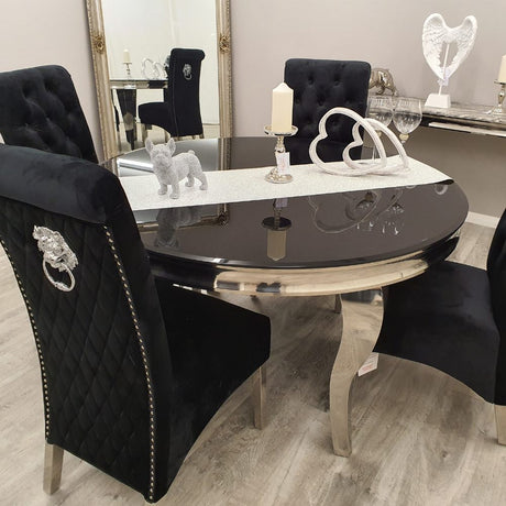 Classic-4-seater-black-glass-dining-table-round-tempered-glass-top-stainless-steel-curved-legs-130cm