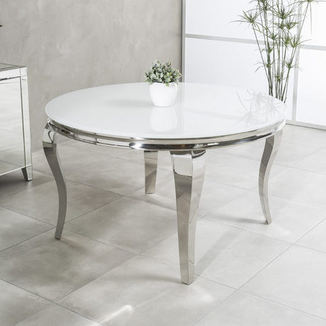 Classic-4-seater-white-glass-dining-table-round-tempered-glass-top-stainless-steel-curved-legs-130cm