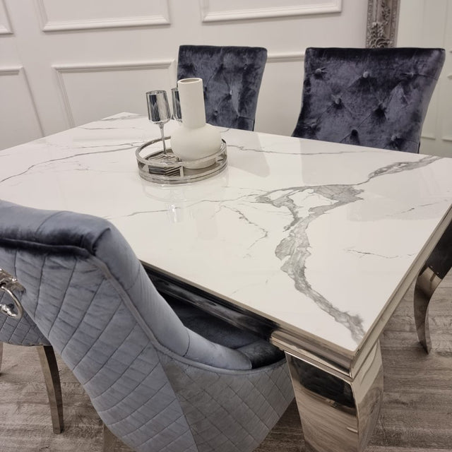 Classic-8-Seater-white-marble-dining-table-rectangular-marble-top-stainless-steel-curved-legs-180cm