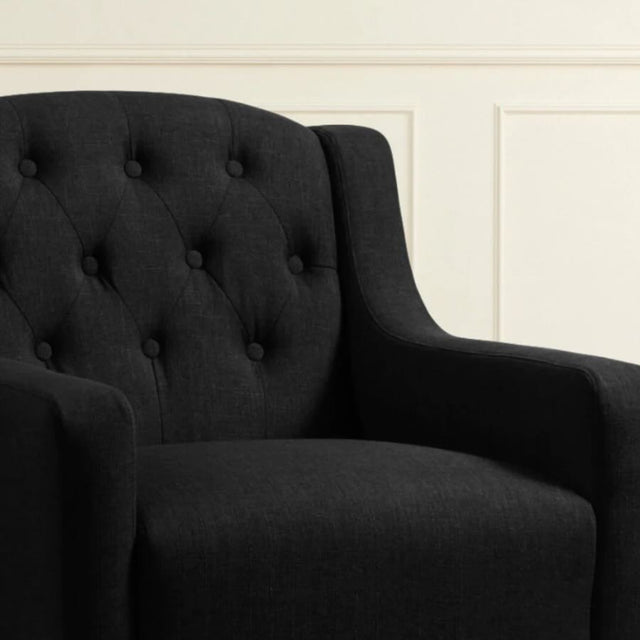 Classic-Black-Fabric-Lounge-Chair-With-Deep-Buttoned-Back-&-Wood-Legs