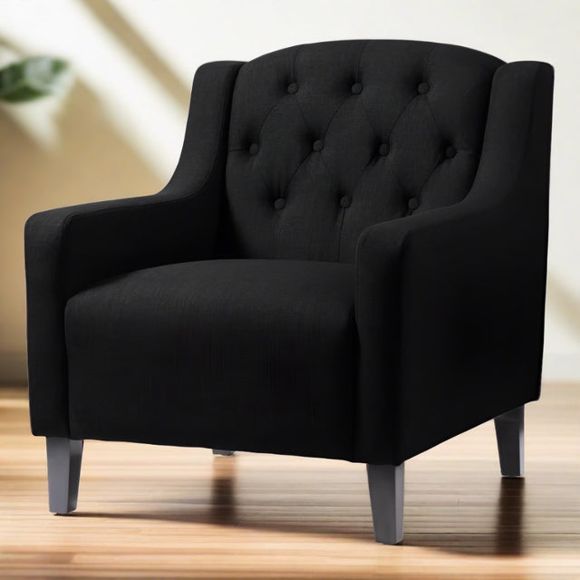 Classic-Black-Fabric-Lounge-Chair-With-Deep-Buttoned-Back-&-Wood-Legs