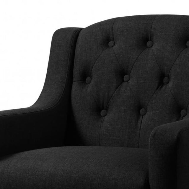 Classic-Black-Fabric-Lounge-Chair-With-Deep-Buttoned-Back-&-Wood-Legs