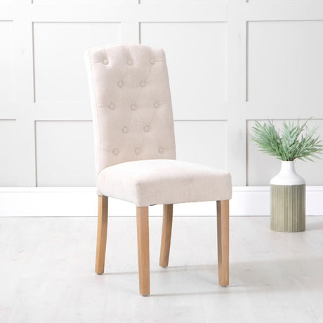 Classic-Cream-Fabric-Dining-Chair-Buttoned-Back-Wood-Legs-Set-of-2