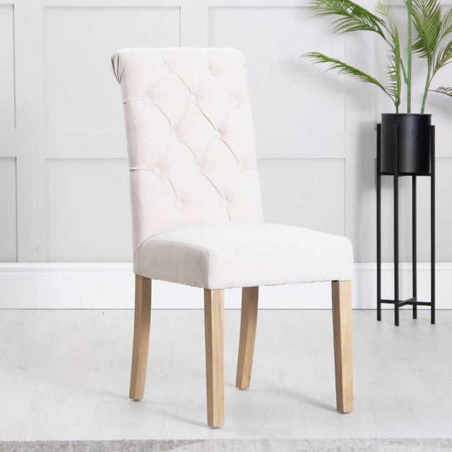 Classic-Cream-Fabric-Dining-Chair-Deep-Buttoned-Back-Wood-Legs-Set-of-2