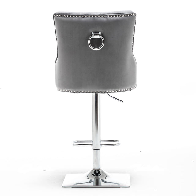 Classic-Dark-Grey-Velvet-Knocker-Back-Bar-Stool-Adjustable-Stainless-Steel-Base