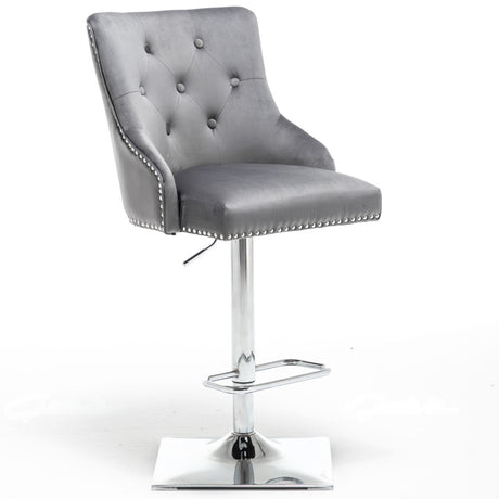 Classic-Dark-Grey-Velvet-Knocker-Back-Bar-Stool-Adjustable-Stainless-Steel-Base