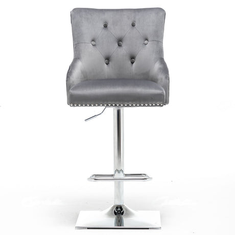 Classic-Dark-Grey-Velvet-Knocker-Back-Bar-Stool-Adjustable-Stainless-Steel-Base