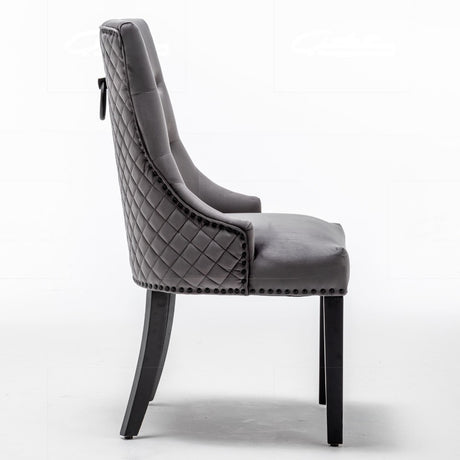 Classic-Dark-Grey-Velvet-Knocker-Back-Dining-Chair-Diamond-Stitched-Back-Black-Metal-Legs-Set-of-2