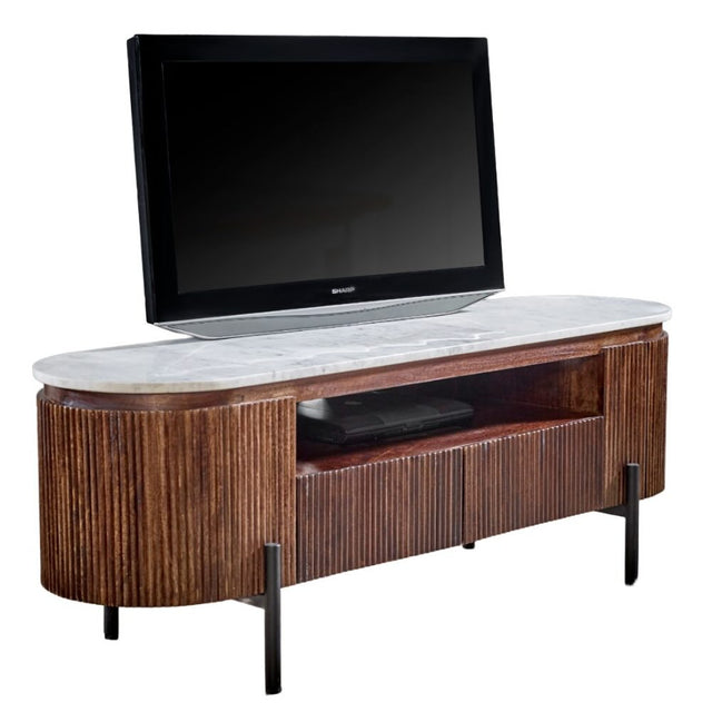 Kampala Rustic Genuine White Marble And Dark Mango Wood TV Stand With Storage