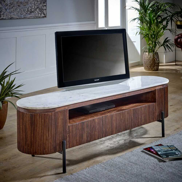 Kampala Rustic Genuine White Marble And Dark Mango Wood TV Stand With Storage