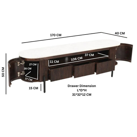 Kampala Rustic Genuine White Marble And Dark Mango Wood TV Stand With Storage