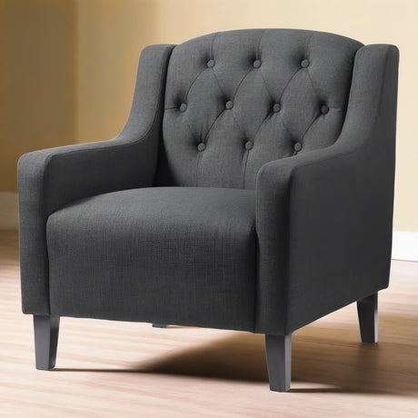 Classic-Grey-Fabric-Lounge-Chair-With-Deep-Buttoned-Back-&-Wood-Legs