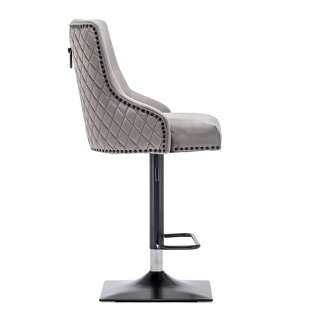 Classic-Grey-Velvet-Knocker-Back-Diamond-Stitched-Adjustable-Bar-Stool-Stainless-Steel-Base