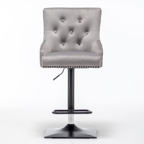 Classic-Grey-Velvet-Knocker-Back-Diamond-Stitched-Adjustable-Bar-Stool-Stainless-Steel-Base