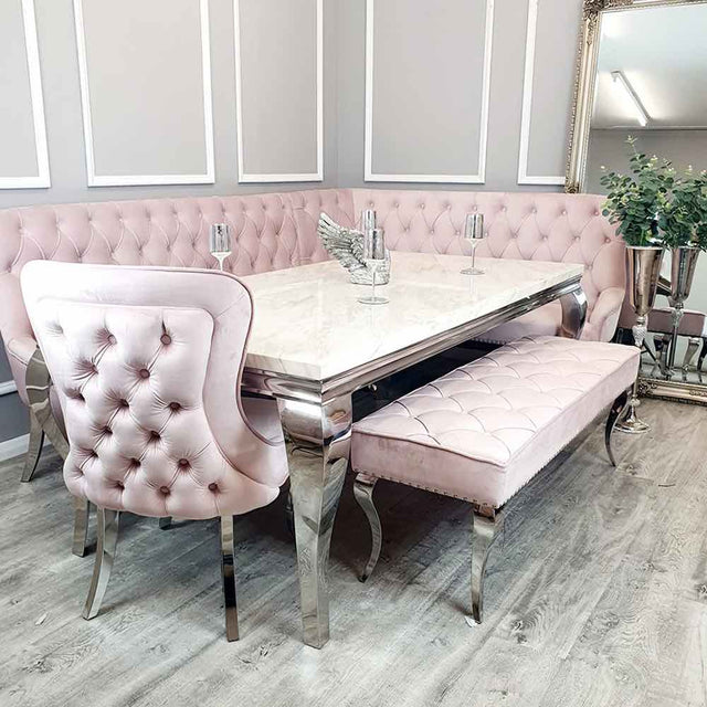 Classic-Large-Pink-Velvet-Corner-Dining-Bench-Metal-Curved-Legs