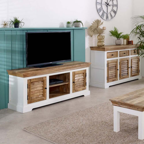 Manali Rustic Mango Wood Large TV Stand With Storage