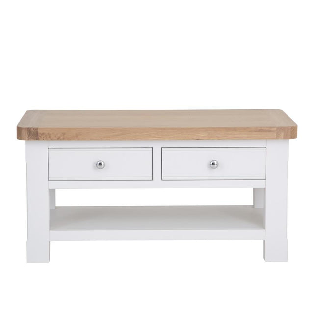 Hazel Rustic Rectangular Oak Wood White Coffee Table With Drawer Storage