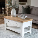 Hazel Rustic Rectangular Oak Wood White Coffee Table With Drawer Storage