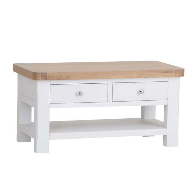 Hazel Rustic Rectangular Oak Wood White Coffee Table With Drawer Storage