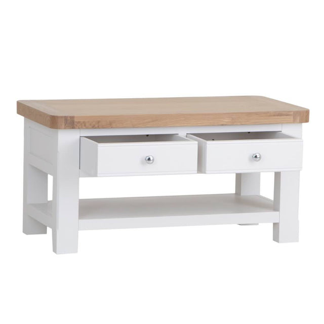 Hazel Rustic Rectangular Oak Wood White Coffee Table With Drawer Storage