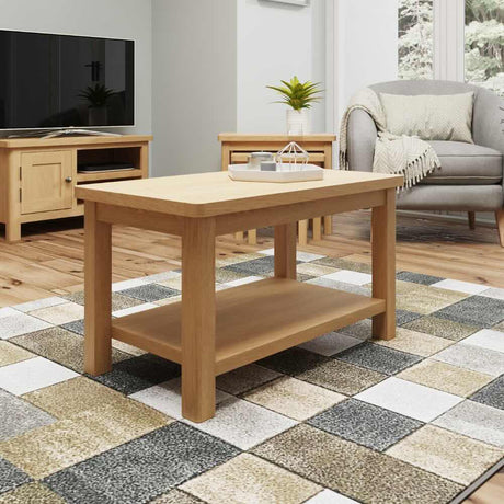 Maxwell Rustic Rectangular Oak Wood Coffee Table With Shelf 80cm