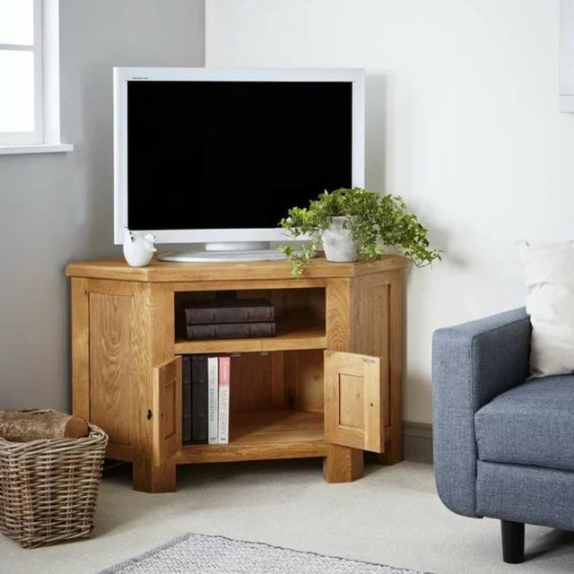 Greenwich Rustic Oak Wood Corner TV Stand With Storage