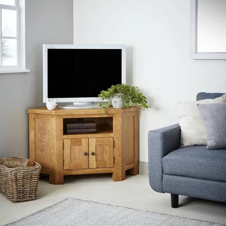 Greenwich Rustic Oak Wood Corner TV Stand With Storage