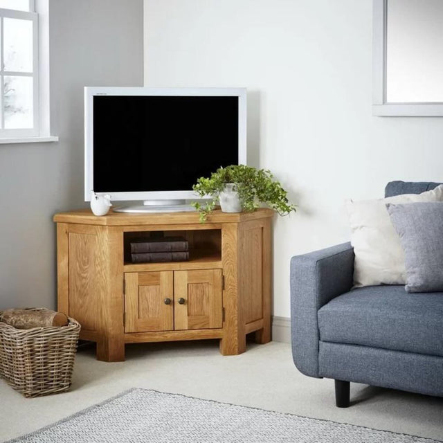 Greenwich Rustic Oak Wood Corner TV Stand With Storage