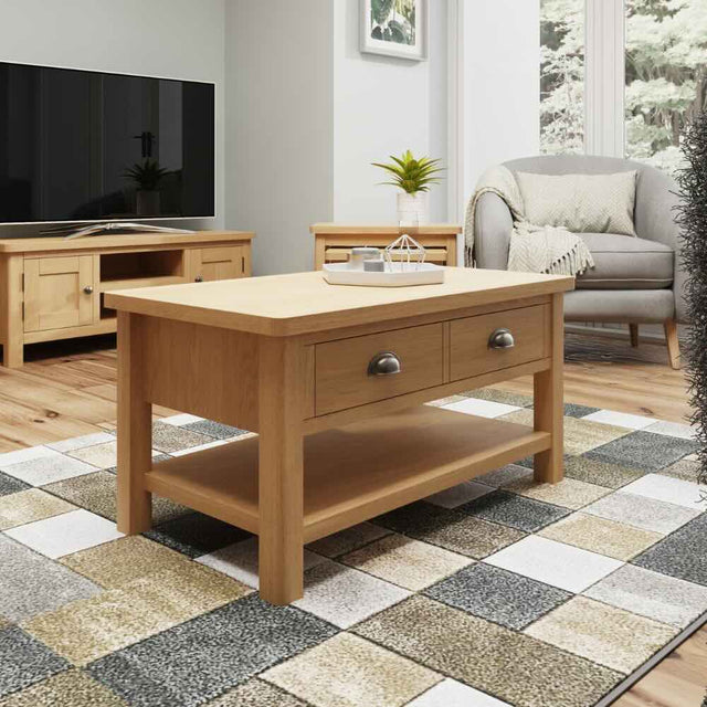 Maxwell Rustic Rectangular Oak Wood Coffee Table With Storage