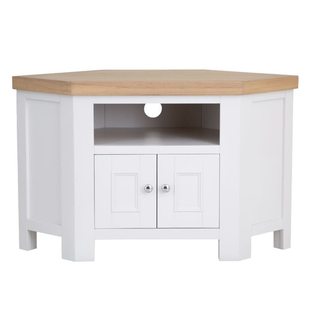 Hazel Classic White Corner TV Stand With Oak Top