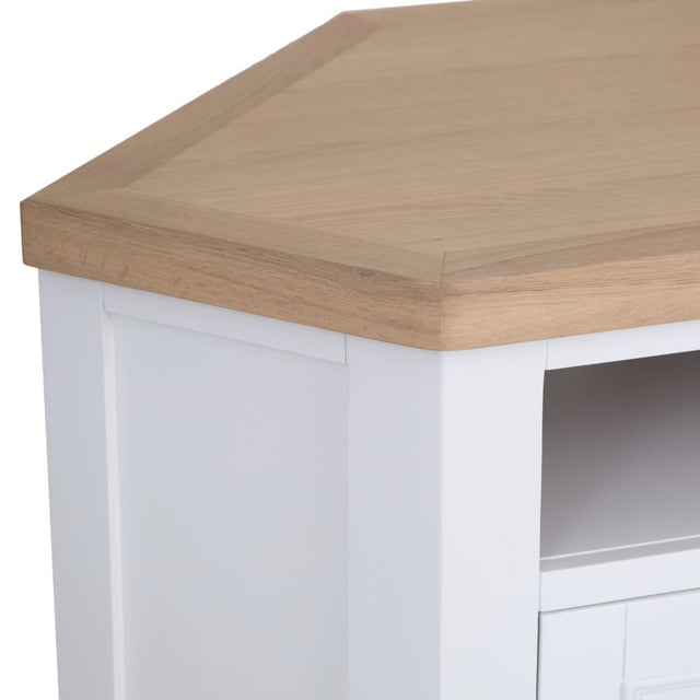 Hazel Classic White Corner TV Stand With Oak Top