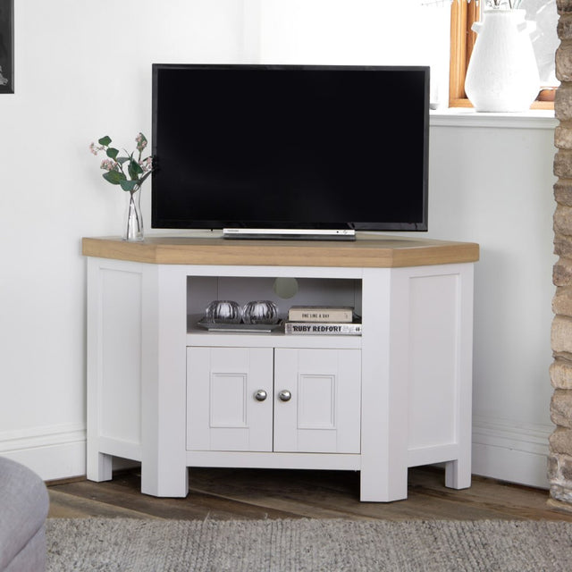 Hazel Classic White Corner TV Stand With Oak Top