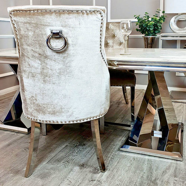 Classic-beige-velvet-knocker-back-dining-chairs-chrome-legs