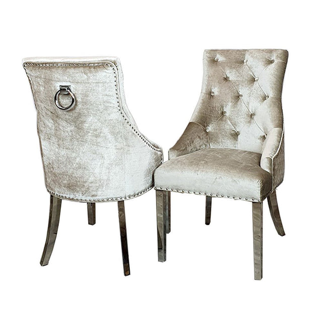 Classic-beige-velvet-knocker-back-dining-chairs-chrome-legs