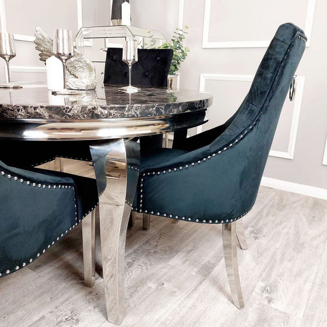 Classic-black-velvet-knocker-back-dining-chairs-chrome-legs