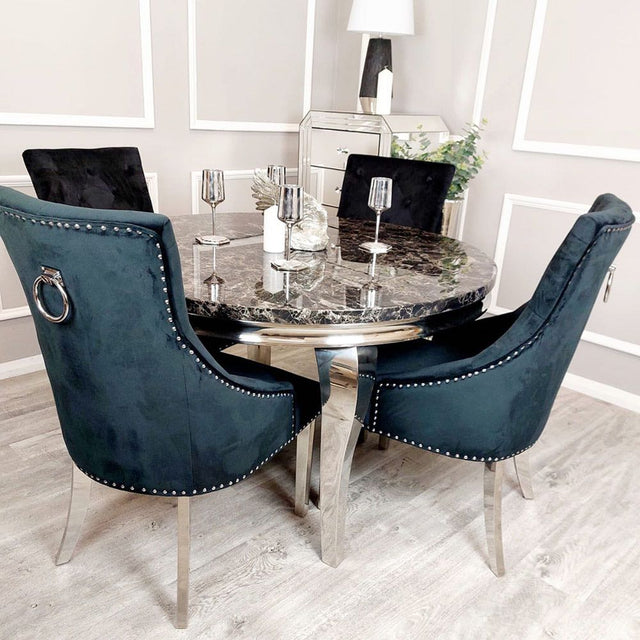 Classic-black-velvet-knocker-back-dining-chairs-chrome-legs