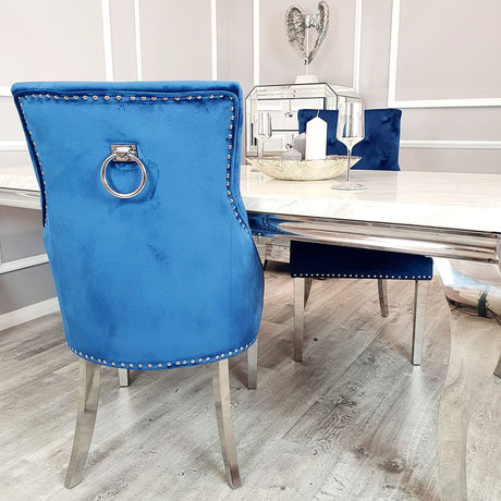 Classic-blue-velvet-knocker-back-dining-chairs-chrome-legs