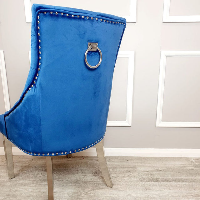 Classic-blue-velvet-knocker-back-dining-chairs-chrome-legs