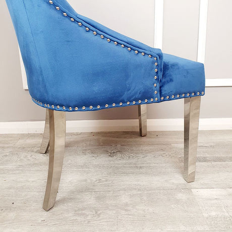 Classic-blue-velvet-knocker-back-dining-chairs-chrome-legs